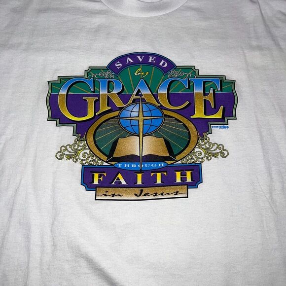 Vtg Saved By Grace Religious T-Shirt Size Large Graphic Tee Short Sleeve - Picture 5 of 10